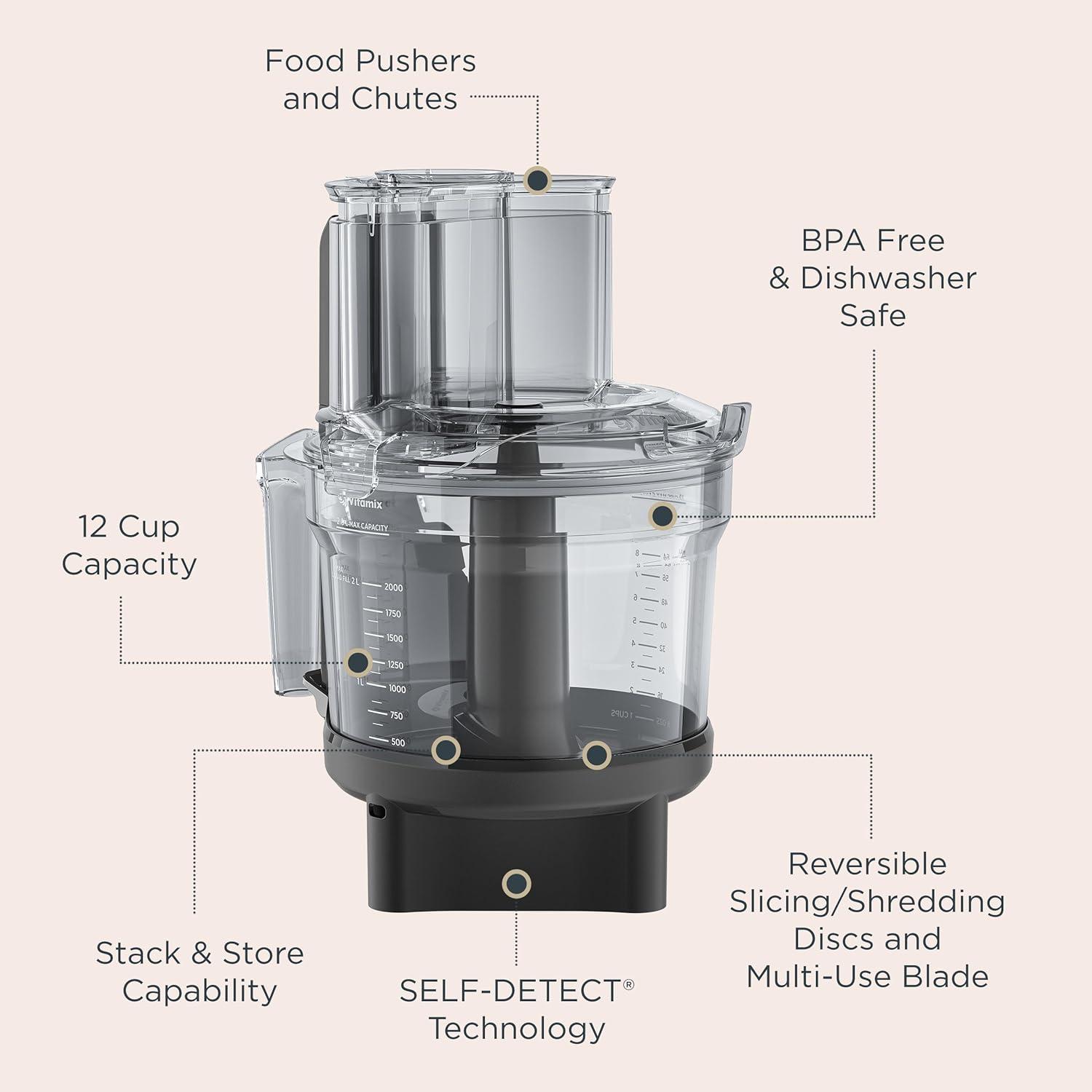 imageVitamix 12Cup Food Processor Attachment with SELFDETECT BPAFree with MultiUse Blade and Two Reversible Discs Compatible with Ascent and Venturist Series Vitamix Blenders