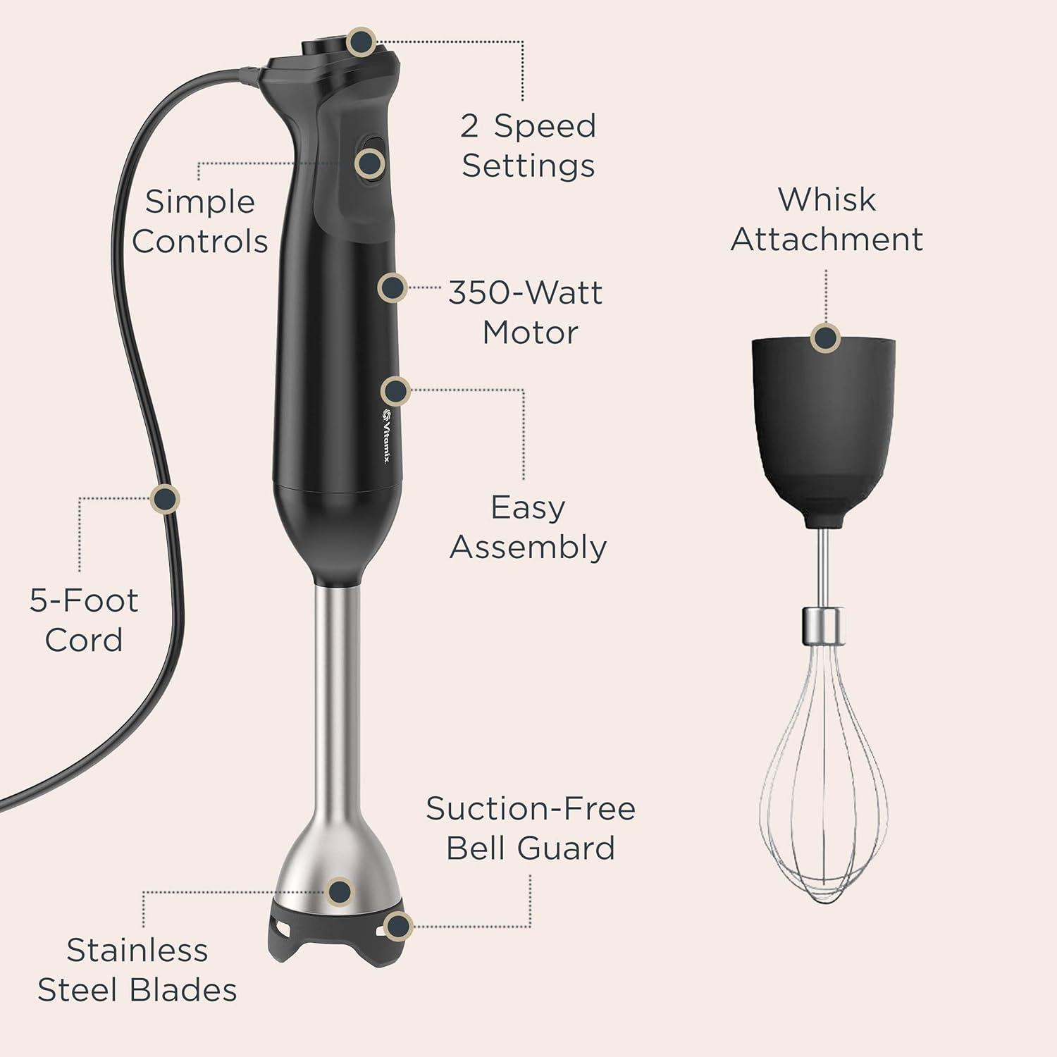 imageVitamix 2Speed Immersion Blender Whisk Attachment ProfessionalGrade Hand Blender with 350Watt Motor and StainlessSteel Blade Black