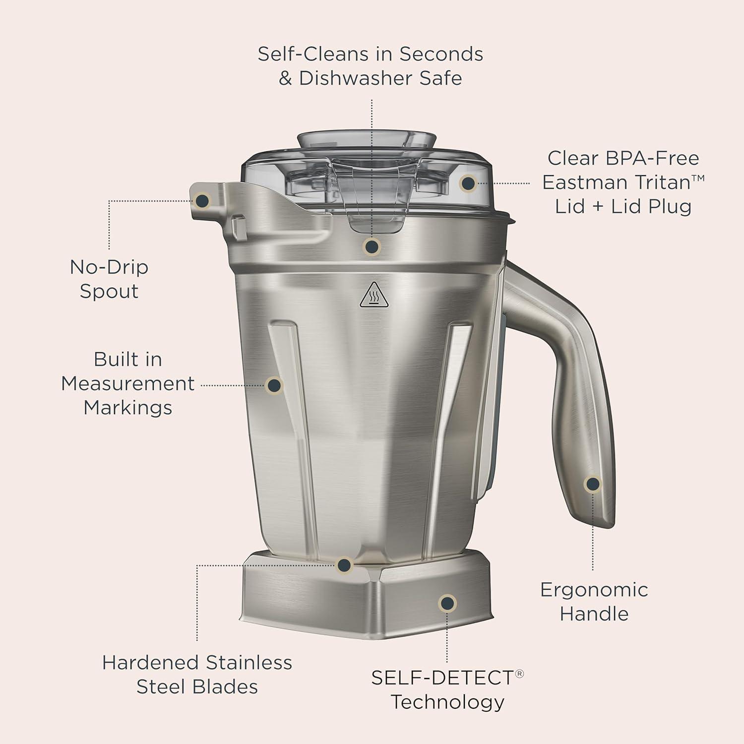 imageVitamix 48Ounce StainlessSteel Blender Container with SELFDETECT DishwasherSafe BPAFree Clear Lid LaserCut StainlessSteel Blades Compatible with All FullSize Vitamix Blenders